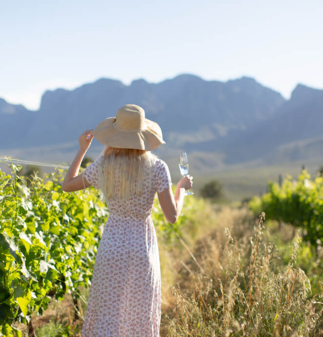 Blonde lady standing in the vineyards at Vergelegen